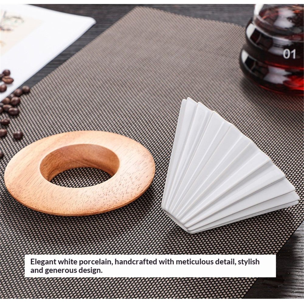 Ceramic Coffee Dripper Pour Over Coffee Maker with Wood Stand Elegant Flower Shape Filter,Slow Brewing Maker for Home Cafe