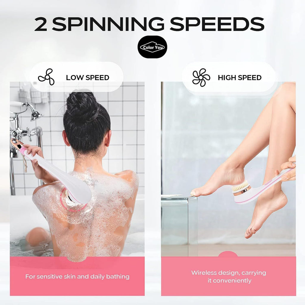 Electric Body Brush for Exfoliating and Massage, Long Handle Electric Bath Brush Rechargeable Body Scrubber, Soft Silicone Spinning Skin Brush with 4 Spin Brush Heads for Man and Women