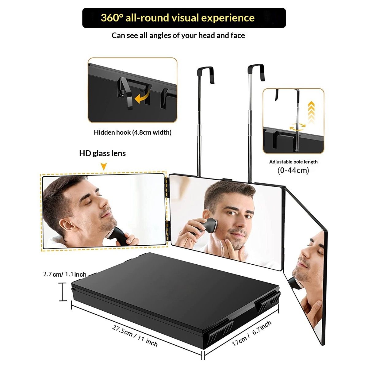 Self-Cut System 3 Way Mirror with LED Lights – Trifold Self Cut Barber Mirror for Men and Women, 360 View for Easy Haircuts, Travel Friendly - Three Way Design for Grooming and Styling