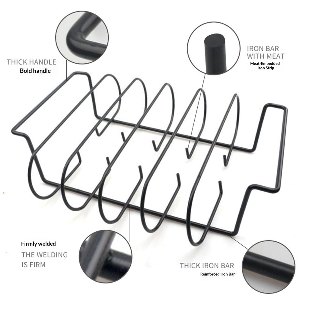 Large Non-Stick Rib Rack - Porcelain Coated Steel Roasting Stand – Holds 5 Full Rib Racks for Grilling & Barbecuing - Perfect BBQ Accessories for Smoker & Grill - Convenient Design, Black