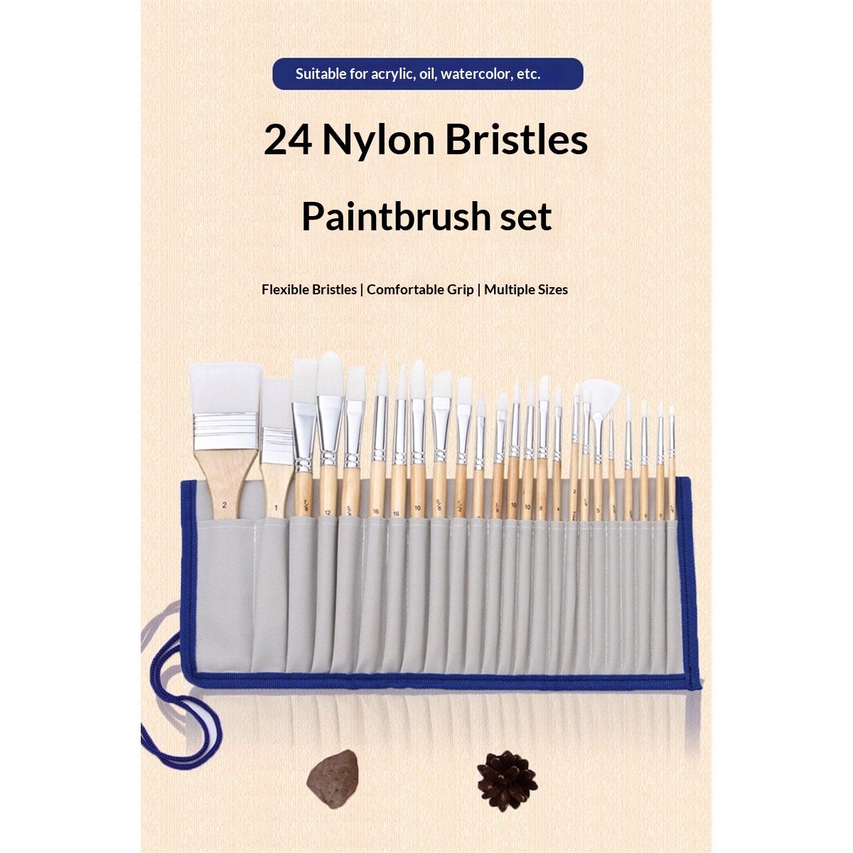 Basics Multi-shaped Polyester Paint Brushes for for Acrylic, Oil, Watercolor, Gouache, 24 count Different Sizes, Wood Color