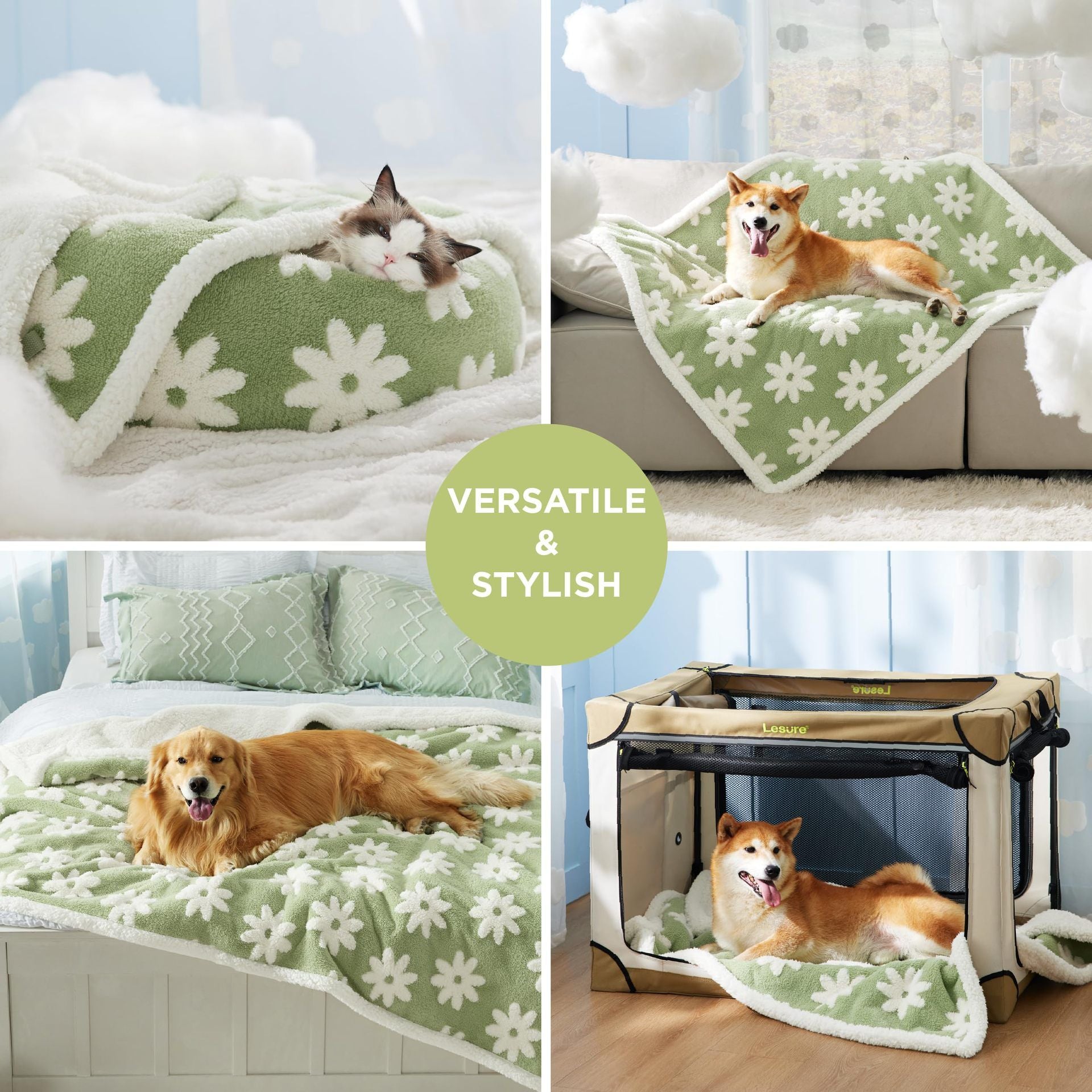Puppy Blanket for Small Dogs - Washable Double Sided Dog Blankets with Warm Jacquard Shag and Soft Sherpa Fleece, Pet Cat Blanket for Couch Protection, 3D Textured Cloud, Green