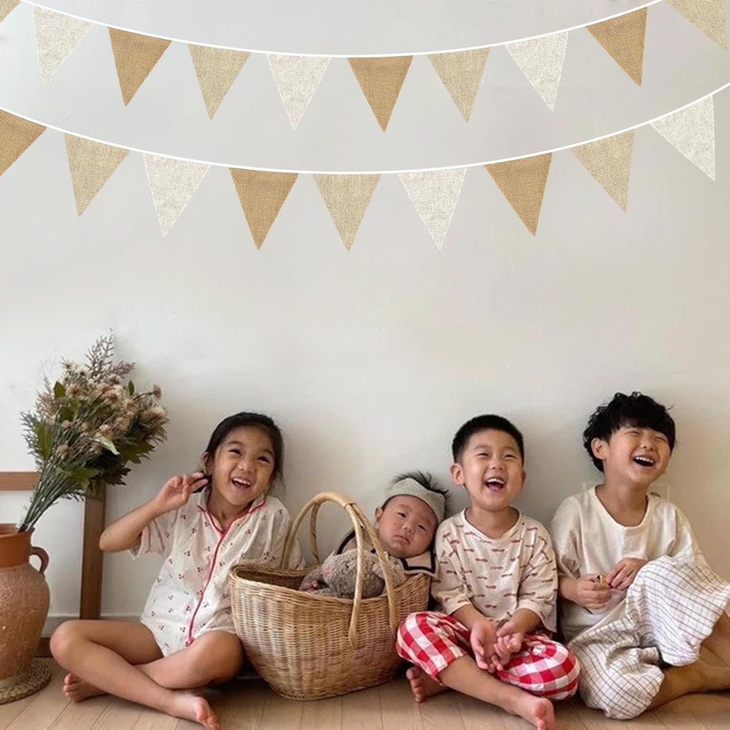 26Ft Banner Triangle Pennant Flag linen-like Bunting Garland Streamers for Birthday Wedding Baby Shower Engagement Camping Rustic Boho Spring Easter Holidays Graduation Party Decorations