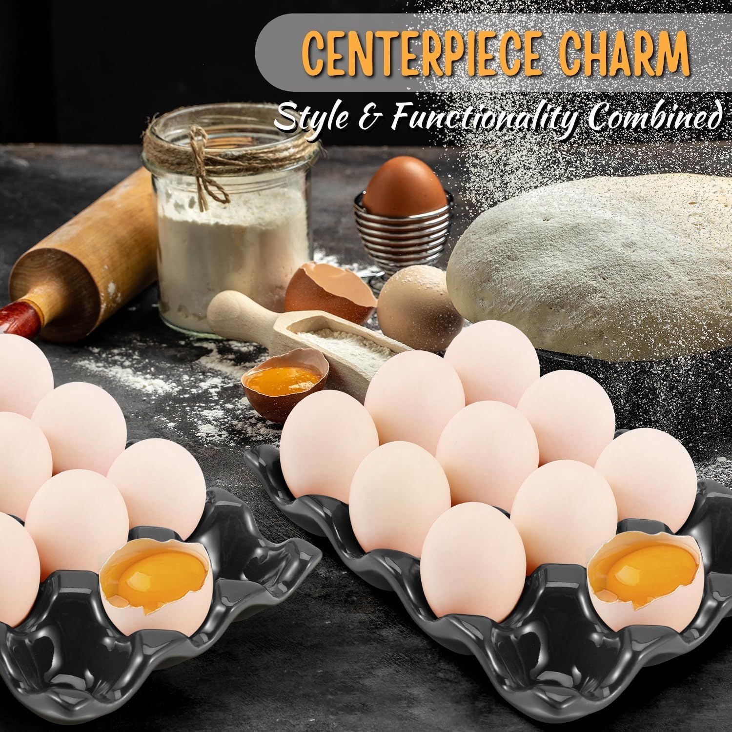 12 Cup Ceramic Egg Tray - Whole Dozen Porcelain Egg Holder Container Storage Organizer Decorative Serving Stand Serveware for Refrigerator Countertop