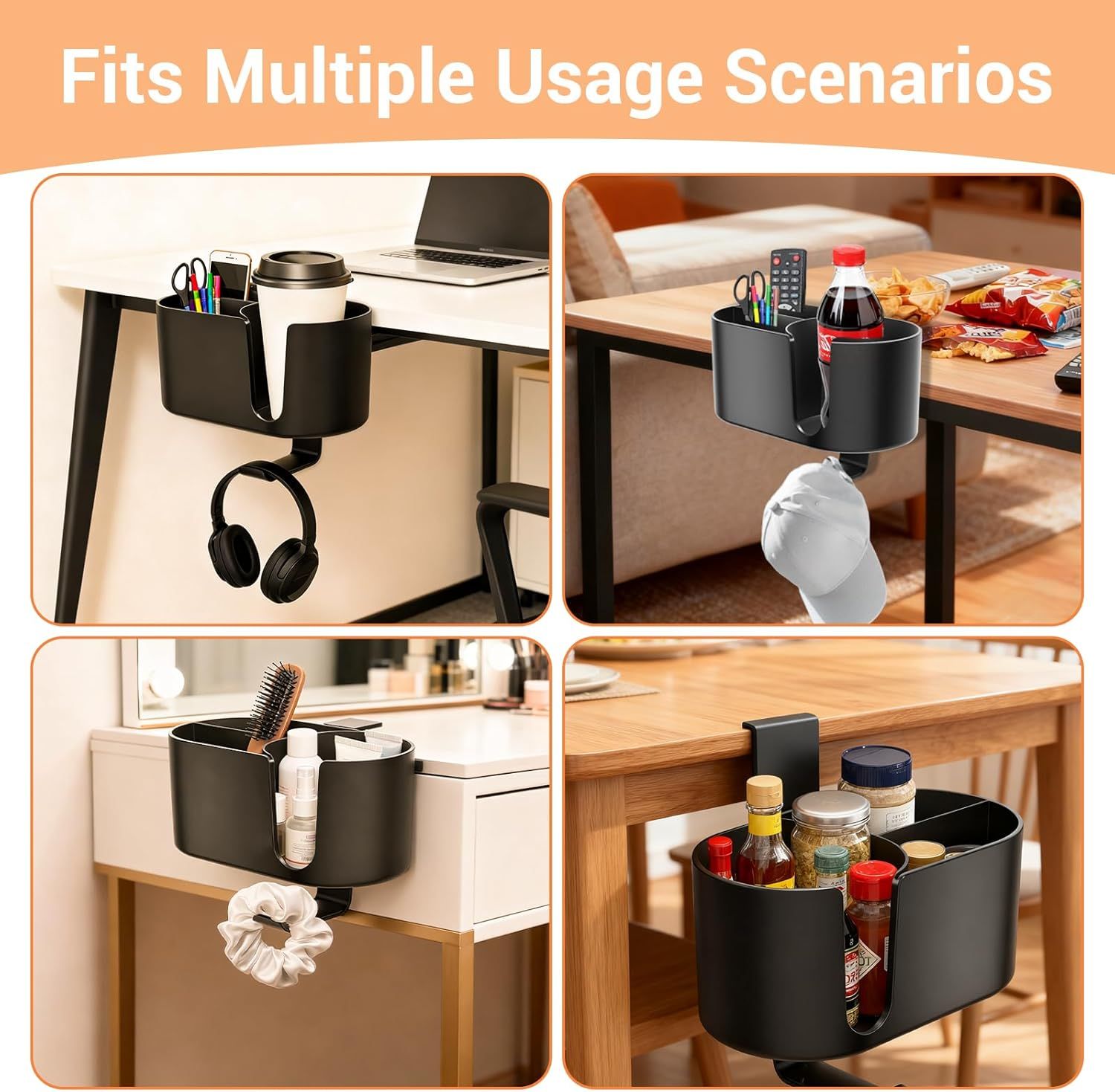 4 in 1 Desk Cup Holder - Clamp on Under Desk Headphone Hanger - Rotating Headphone Holder Detachable Pen Cup Holder Desktop Storage for Cup, Phone and Pen(Black)
