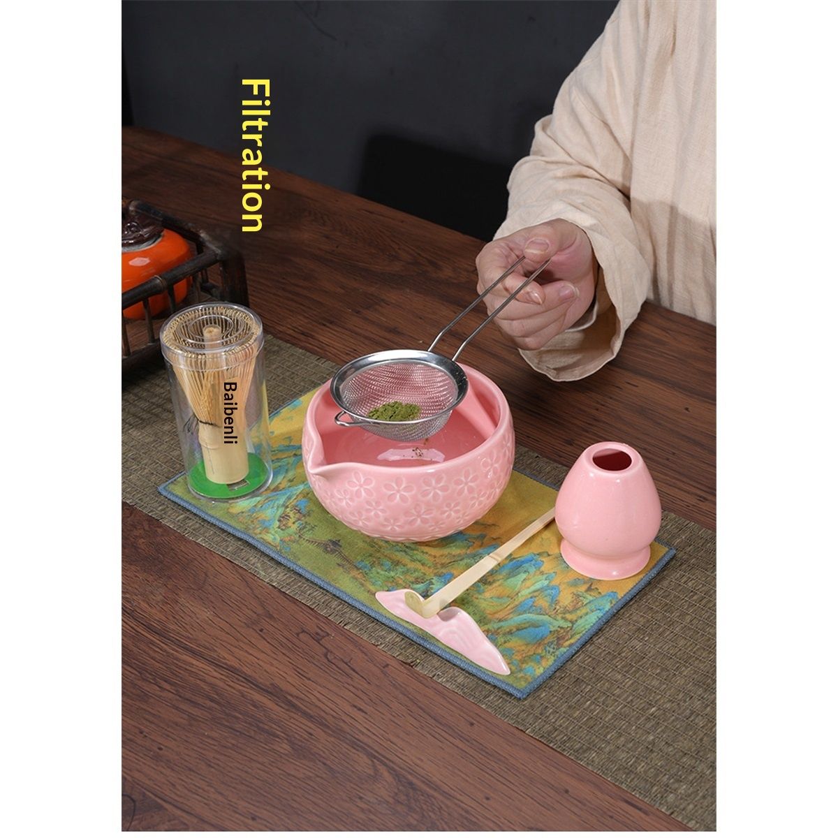 7pcs Matcha Whisk Set- Matcha Set includes Matcha Whisk and Bowl with Spout, Sifter, Holder and Scoop- The Perfect Bamboo Whisk for Matcha Tea (Pink Flowers)