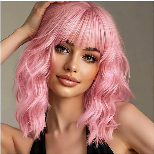 14Inches Loose Wave  Wig Wavy Pink Bob Wig with Air Bang Curly Hair Wigs Synthetic Cosplay Party Wigs for Women (14Inches,Solid Pink)