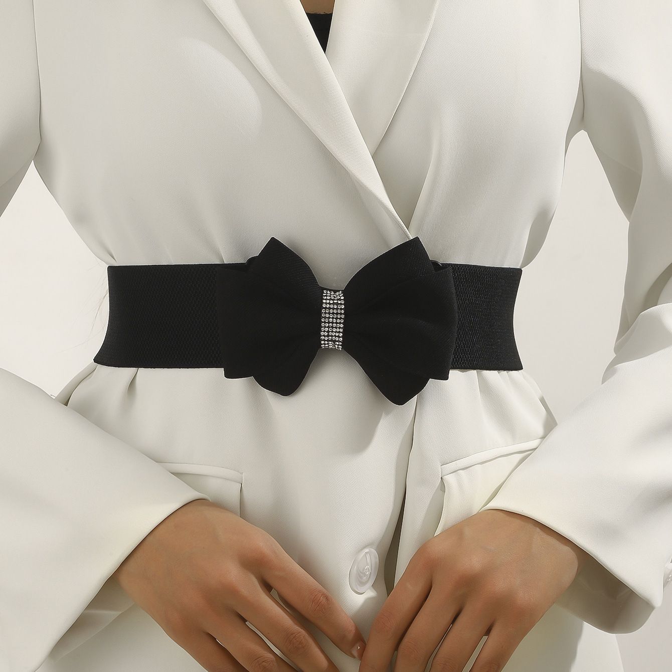 Women's Rhinestone Bow Elastic Wide Belts Stretchy Waist Buckle Belt Women's Circle Rhinestone Elastic Bow Belt Wide Stretch Belts Ladies Waist Accessories for Dress