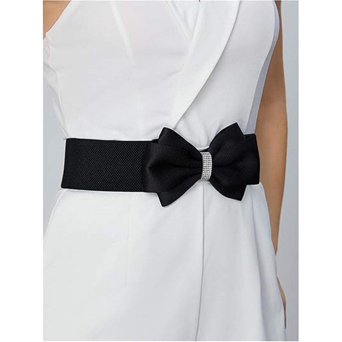 Women's Rhinestone Bow Elastic Wide Belts Stretchy Waist Buckle Belt Women's Circle Rhinestone Elastic Bow Belt Wide Stretch Belts Ladies Waist Accessories for Dress