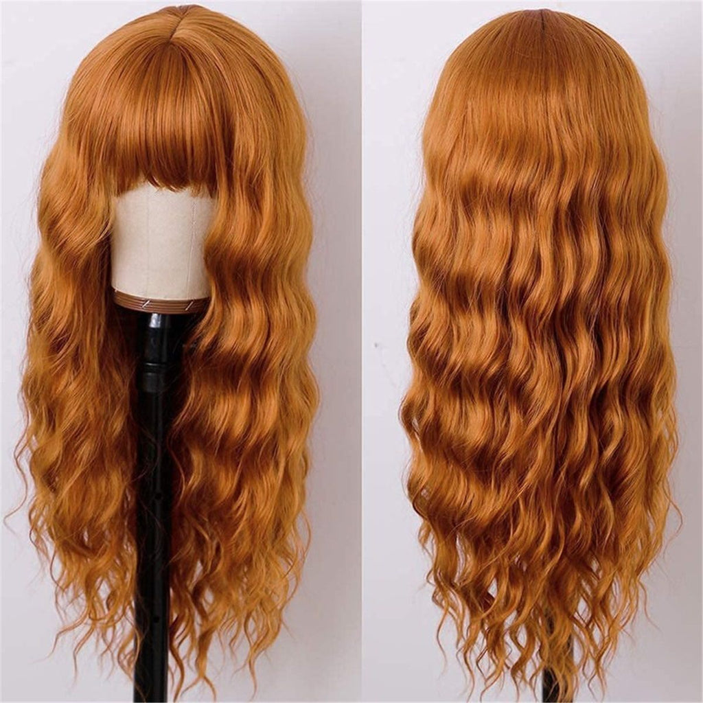 Long Orange Wig with Bangs,Ginger Wavy Wigs for Women,26 Inches Heat Resistant Synthetic Orange Wig For Daily Cosplay Party Use
