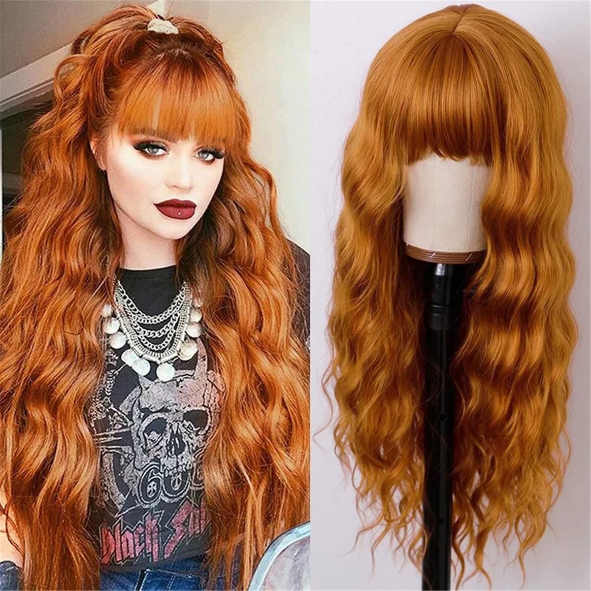 Long Orange Wig with Bangs,Ginger Wavy Wigs for Women,26 Inches Heat Resistant Synthetic Orange Wig For Daily Cosplay Party Use