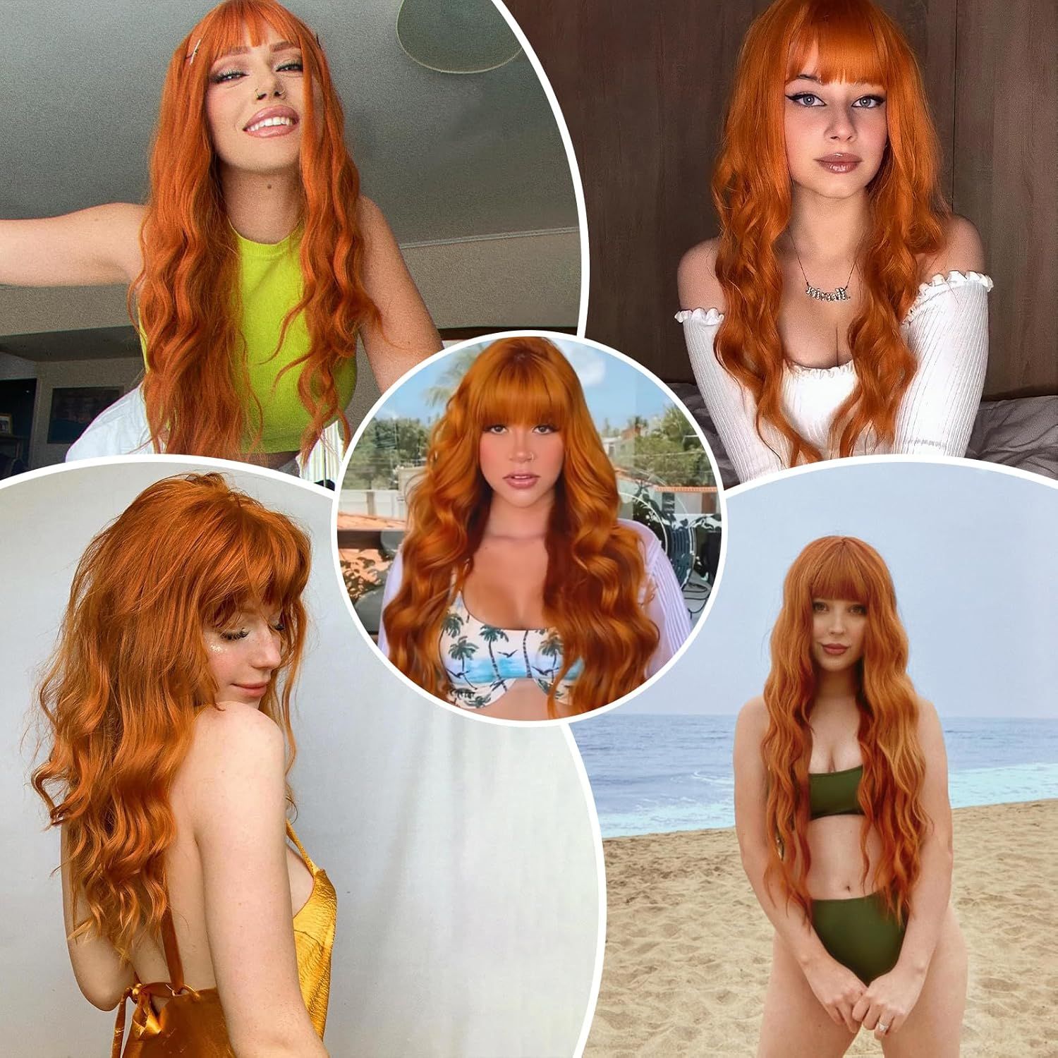 Long Orange Wig with Bangs,Ginger Wavy Wigs for Women,26 Inches Heat Resistant Synthetic Orange Wig For Daily Cosplay Party Use