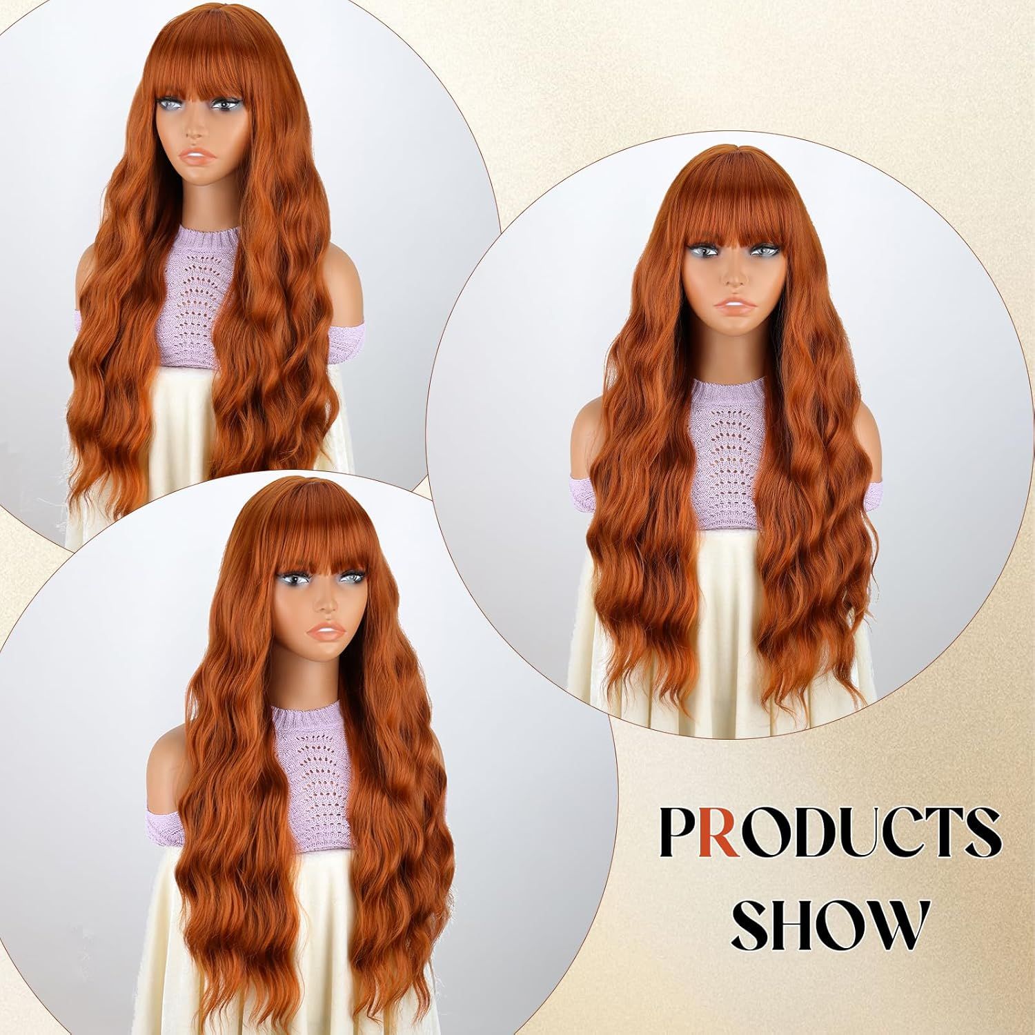 Long Orange Wig with Bangs,Ginger Wavy Wigs for Women,26 Inches Heat Resistant Synthetic Orange Wig For Daily Cosplay Party Use