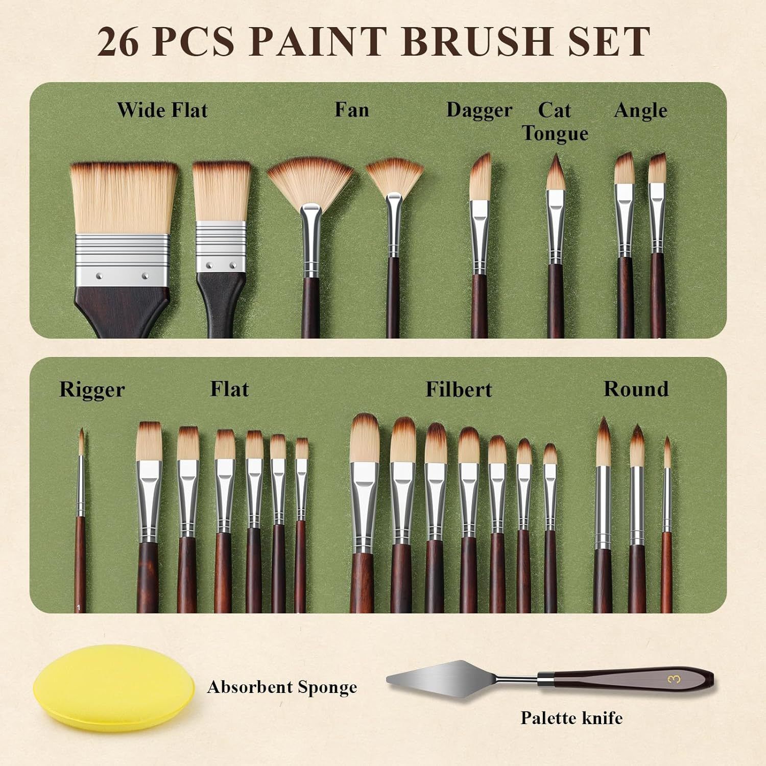 25pcs Paint Brush Set, Travel Watercolor Acrylic Paint Brushes with Flat, Fan, Dagger, Cat Tongue, Round, Palette Knife, Professional Paintbrush Kit for Artist, Oil, Face Painting