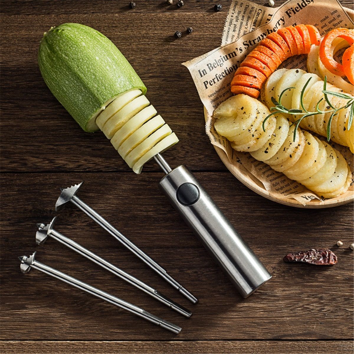 Stainless Steel Vegetable Drill | Fruit Corer And Veggie Spiralizer Ergonomic Handle With 4 Sizes for Coring and Hollowing out Zucchini, Potatoes, Carrot, Apple