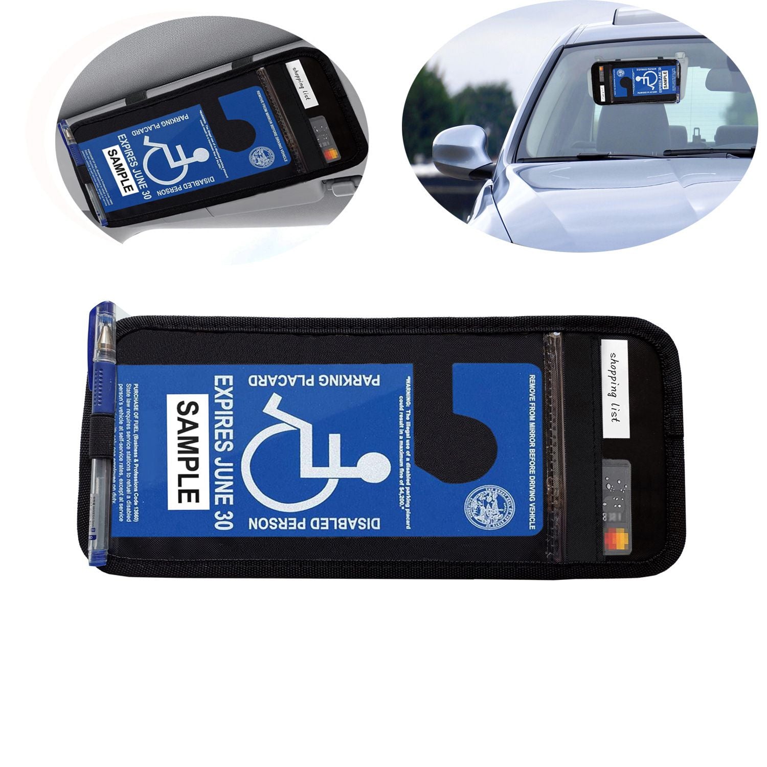 3pcs Handicap Placard Holder for Auto,  Disabled Parking Permit Sign Protector for Car Sun Visor with Note Paper Slot, Pen Holder and Elastic Strap - Black
