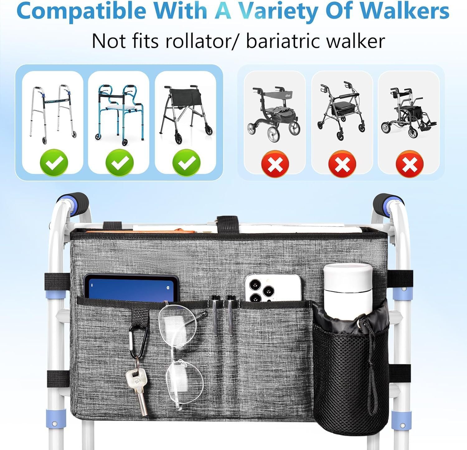 Multi Pockets Folding Walker Basket Tote Bag with Cup Holder, Hand-free Carry Pouch Storage Bag for Universal Walkers, Large Capacity Organizer for Seniors Elderly, Gray
