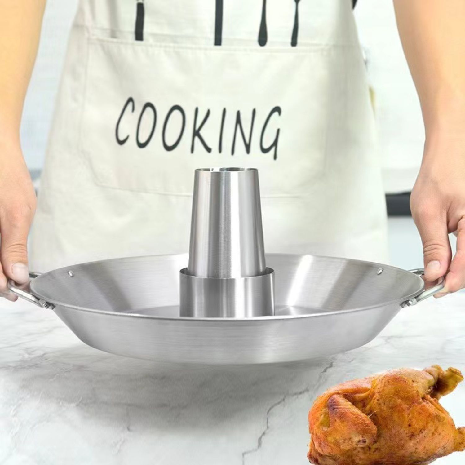 Beer Can Chicken Holder, 12 Inch Stainless Steel Grill, BBQ Roaster Cooker Stand Vertical Grilling Accessories Rack for Vegetables Basket Large Size Round Pan