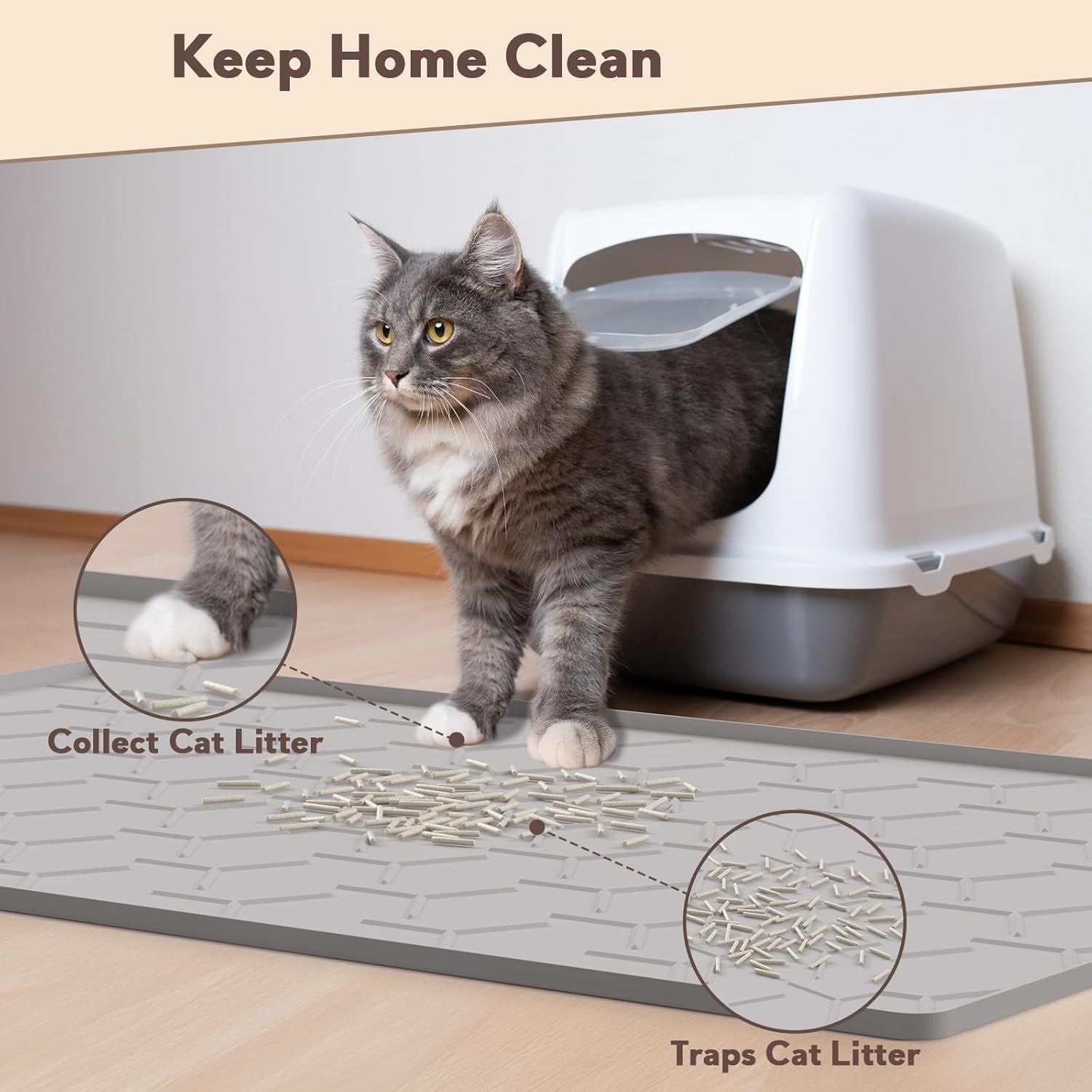 Cat Litter Box Mat, Large 34" X 22" Litter Trapping Mat for Cats, Waterproof Silicone Pad for Floor, Gray