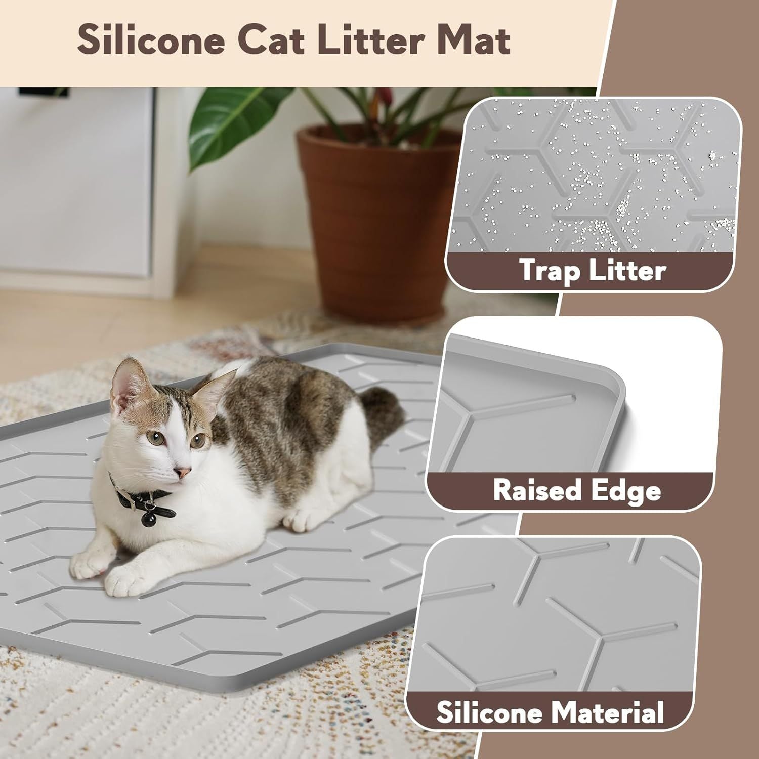 Cat Litter Box Mat, Large 34" X 22" Litter Trapping Mat for Cats, Waterproof Silicone Pad for Floor, Gray