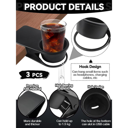3PCS Drinking Cup Holder Clip,  Chair Desk Bottle Cup Stand DIY Glass Clamp Storage Saucer Clip for Potted Plant Beverage Soda Coffee Mug Holder Clip for Home & Office (Black)