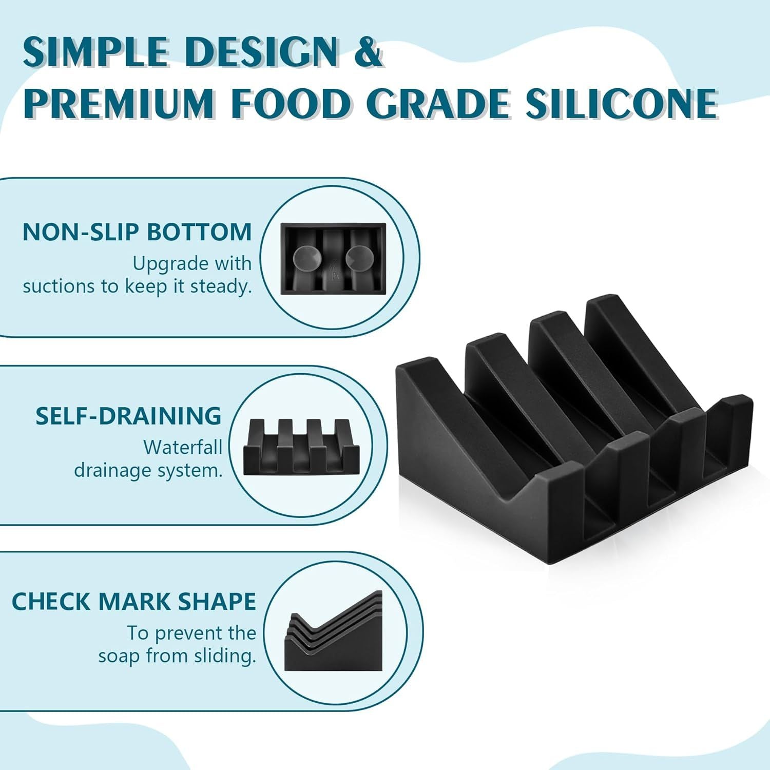 Self Draining Soap Dish,Silicone Suction Cup Soap Holder, Bathroom Soap Dish for Bar Soap,Can Extend Soap Life,Bathroom, Bath Tub, Kitchen Sink Black - 2 Pack