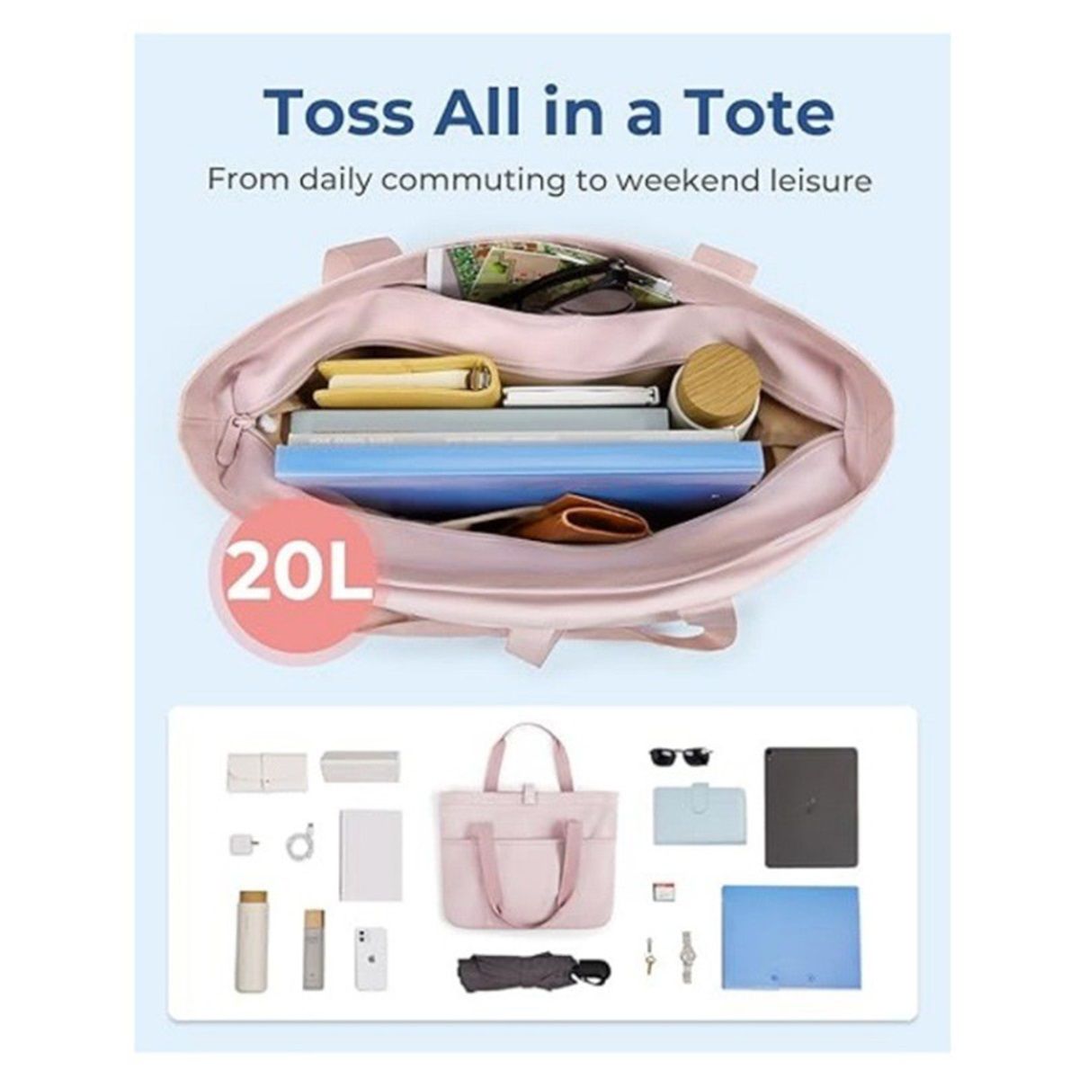 Tote Bag for Women, Foldable Tote Bag With Zipper Travel Large Shoulder Bag Handbag for Work-12.6*19.2*6''