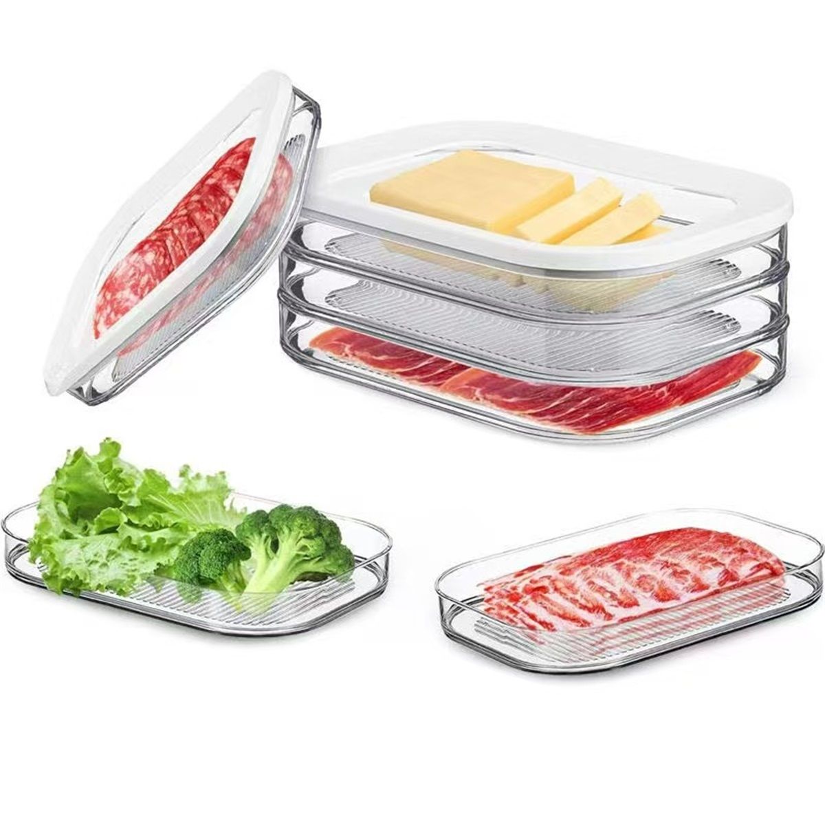 Rounded Stackable Food Storage Box | 3 Compartments with 1 Universal Transparent Framed Lid | Ideal for Cold Cuts, Cheese, and More | BPA-Free, Nordic White (17oz/500ml)