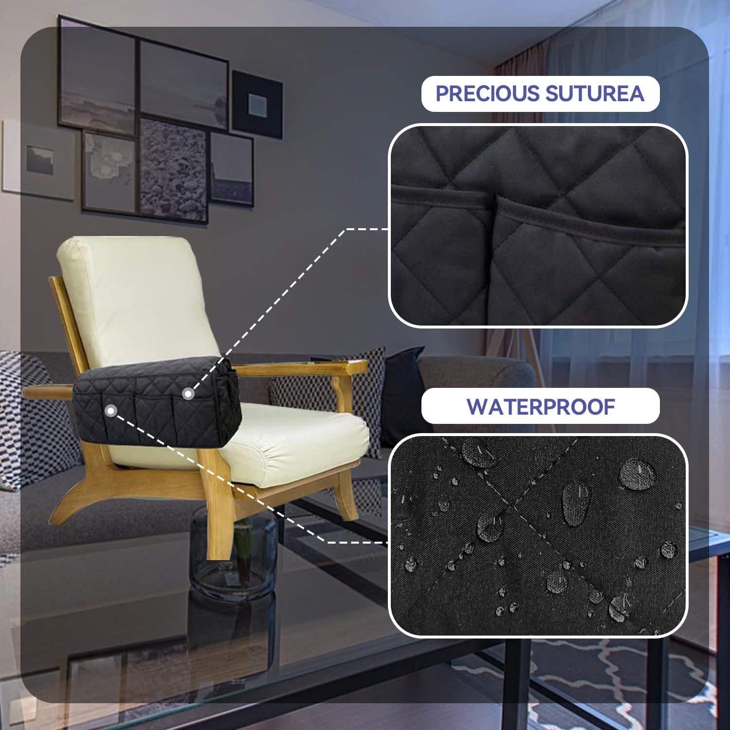 Armchair Caddy, Waterproof Sofa Armrest Organizer, Non Slip Recliner Organizer, Remote Holder for Recline, Recliner Caddy with Pockets Storage for TV Remote, Phone, Magazine (Black)