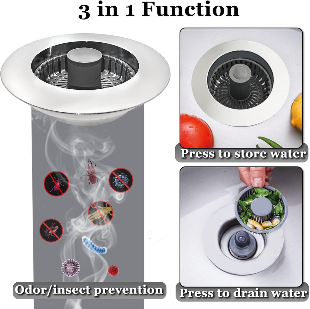 2pcs 3 in 1 Kitchen Sink Stopper, Pop Up Kitchen Sink Drain Strainer, Kitchen Sink Drain Stopper for US Standard , Brass Material Electroplate Silver
