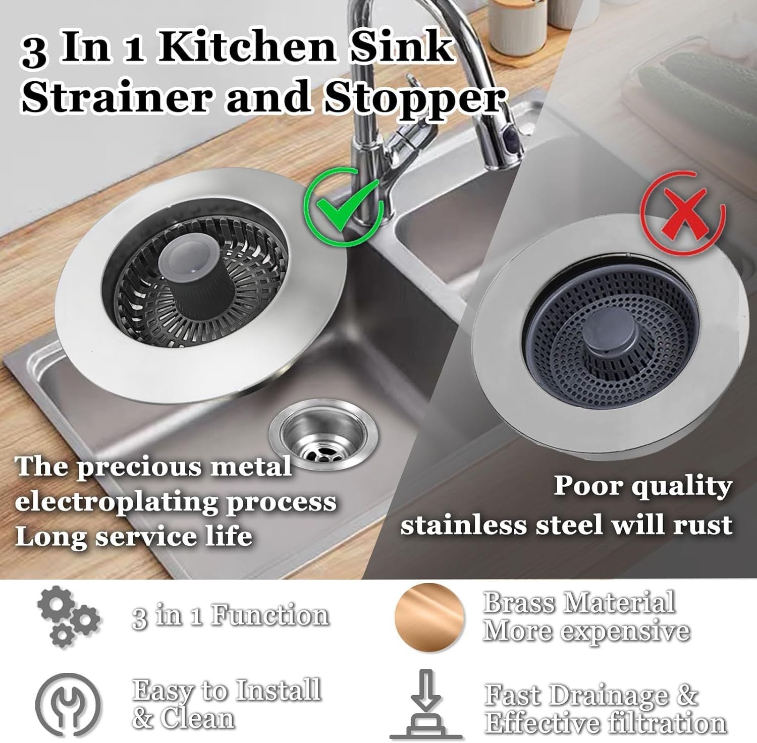 2pcs 3 in 1 Kitchen Sink Stopper, Pop Up Kitchen Sink Drain Strainer, Kitchen Sink Drain Stopper for US Standard , Brass Material Electroplate Silver