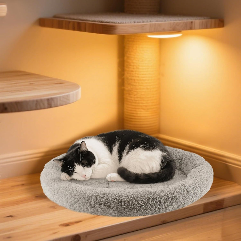 Enjoying Plush Cat Bed Mat Diameter 19.7" Round Pad with Pillow Around for Cats Dogs Relying/Curling Sleep Warm Dog Cushion for Crates, Antiskid Bottom, Large, Gray