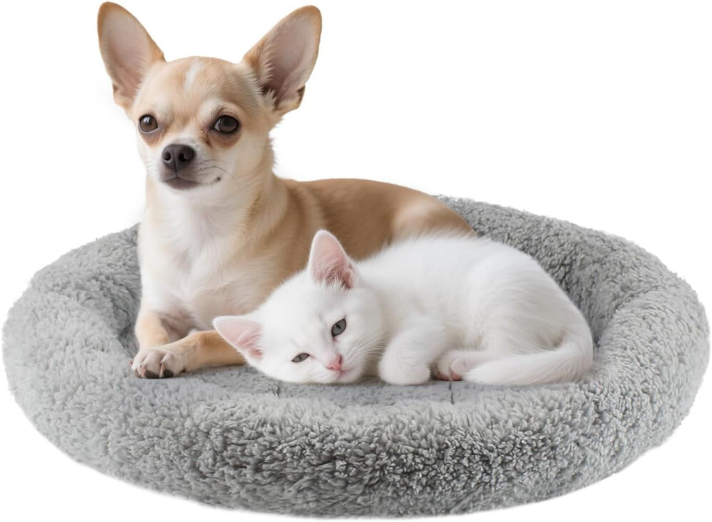 Enjoying Plush Cat Bed Mat Diameter 19.7" Round Pad with Pillow Around for Cats Dogs Relying/Curling Sleep Warm Dog Cushion for Crates, Antiskid Bottom, Large, Gray