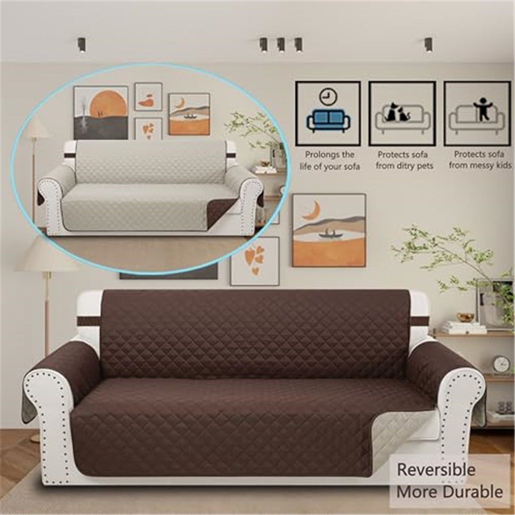 Reversible Quilted Sofa Cover, Water Resistant Slipcover Furniture Protector, Washable Couch Cover with Non Slip Foam and Elastic Straps for Kids, Dogs, Pets 170*166cm