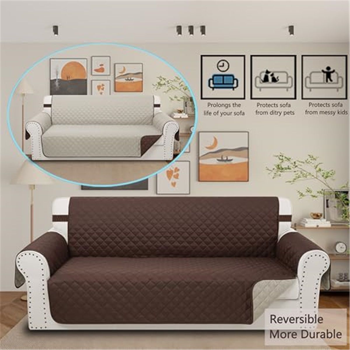Reversible Quilted Sofa Cover, Water Resistant Slipcover Furniture Protector, Washable Couch Cover with Non Slip Foam and Elastic Straps for Kids, Dogs, Pets 170*166cm