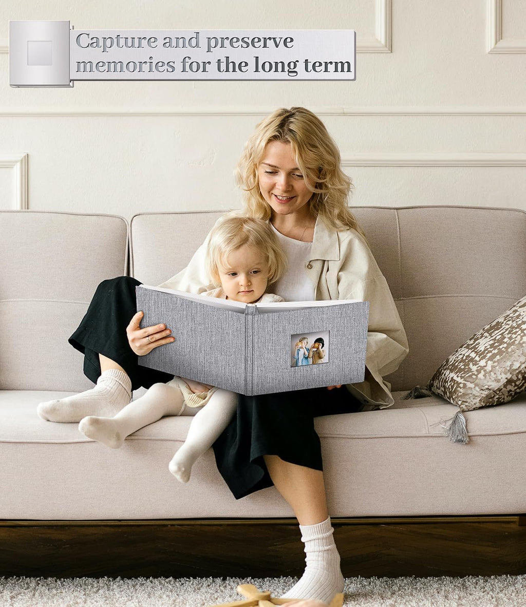 Photo Album Self Adhesive Scrapbook Album for  Pictures,40 Pages Linen Cover with Display Window DIY Photo Book,Ideal Gifts for Family Travel Wedding Baby