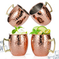 Set of 4, 17 OZ Hammered Copper Cups with 304 Stainless Steel Lining and Gold Brass Handles, for Cold Drinks, Beer, Wine, Bars, Parties