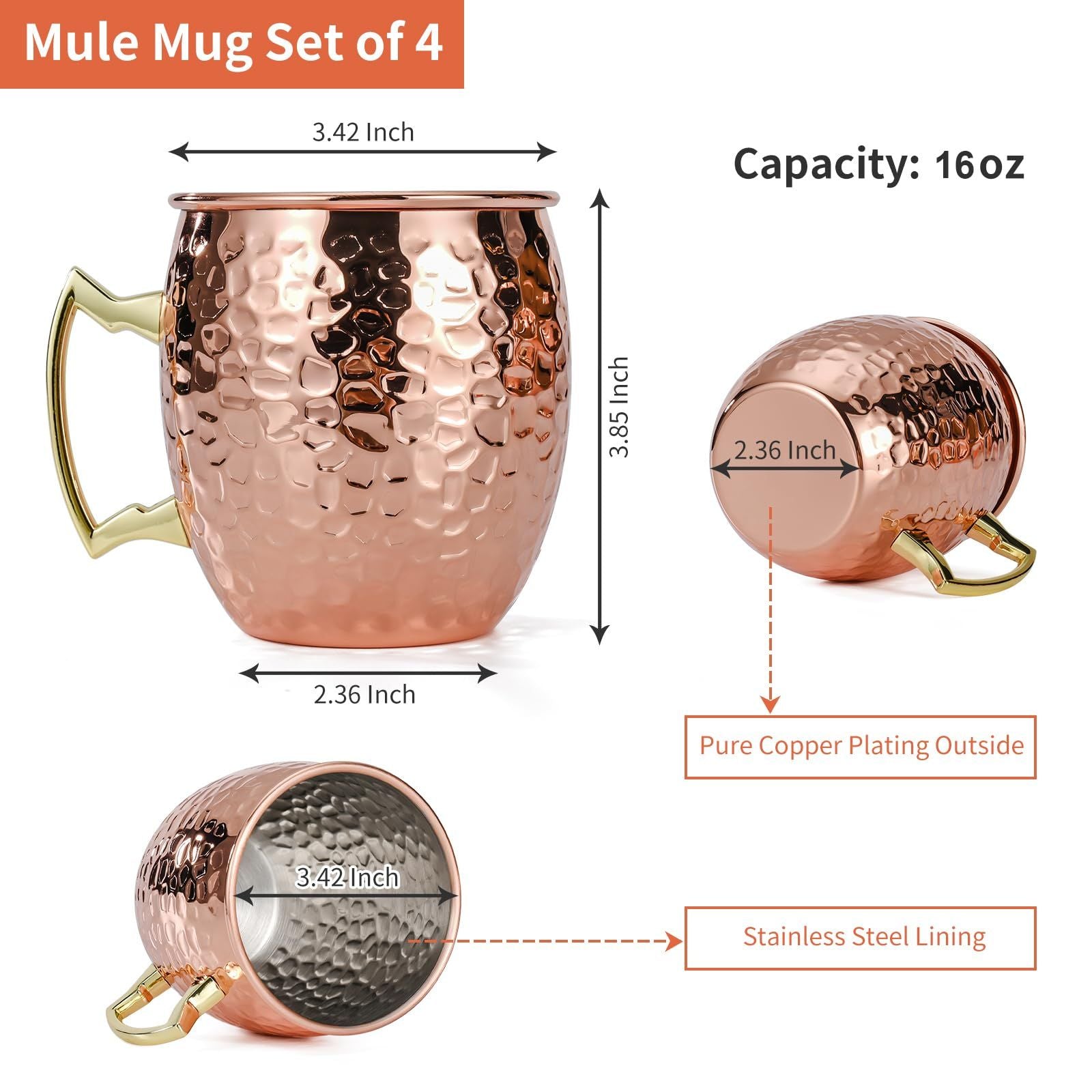 Set of 4, 17 OZ Hammered Copper Cups with 304 Stainless Steel Lining and Gold Brass Handles, for Cold Drinks, Beer, Wine, Bars, Parties