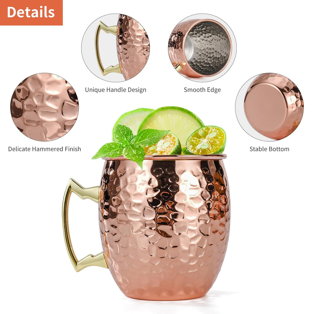 Set of 4, 17 OZ Hammered Copper Cups with 304 Stainless Steel Lining and Gold Brass Handles, for Cold Drinks, Beer, Wine, Bars, Parties