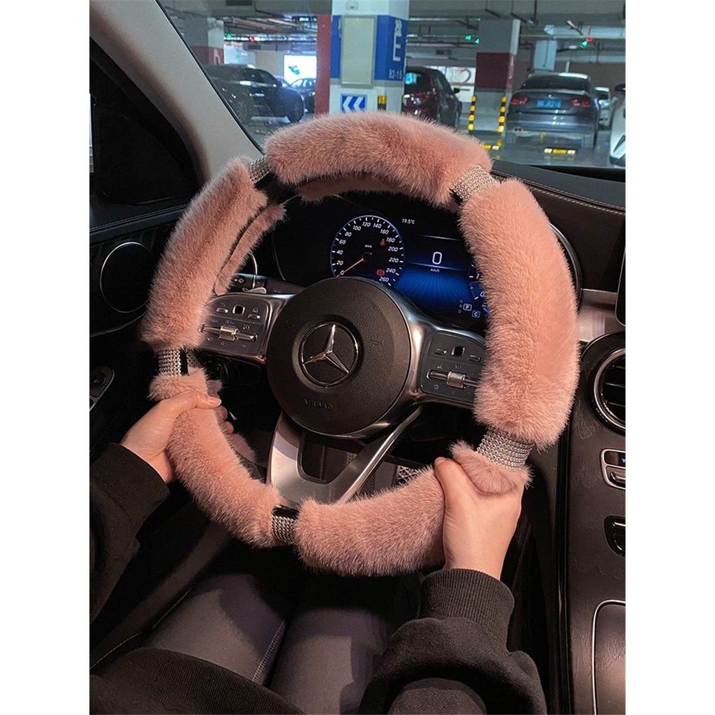 Fluffy Microfiber Plush Steering Wheel Cover with Bling Bling Crystal Rhinestones for Winter Warm, Universal 15 inch Fuzzy Steering Wheel Cover,pink