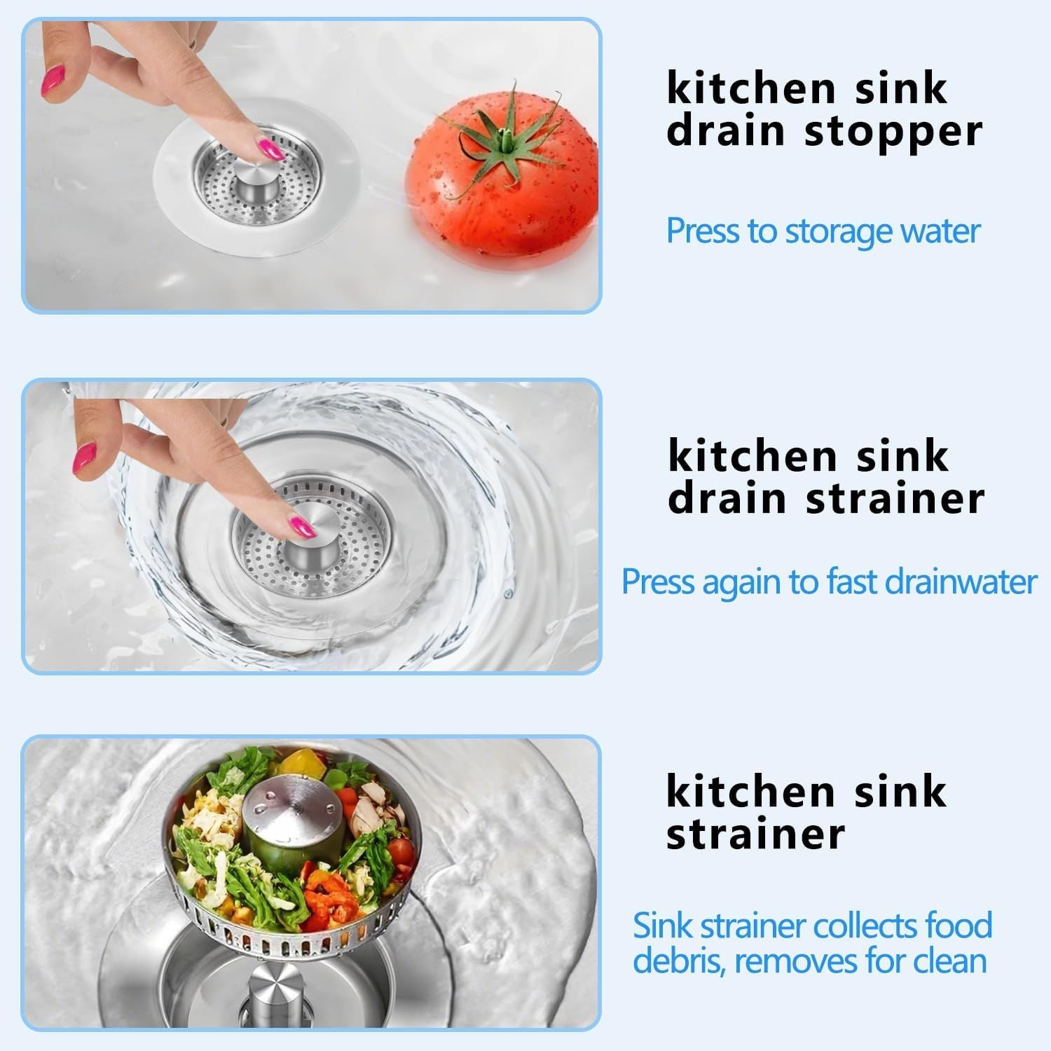 3-in-1 Kitchen Sink Drain Strainer & Stopper, Stainless Steel Food Catcher Plug with Filter Basket, Universal Sink Protector Cover, Anti-Clogging, Silver - 2Pack