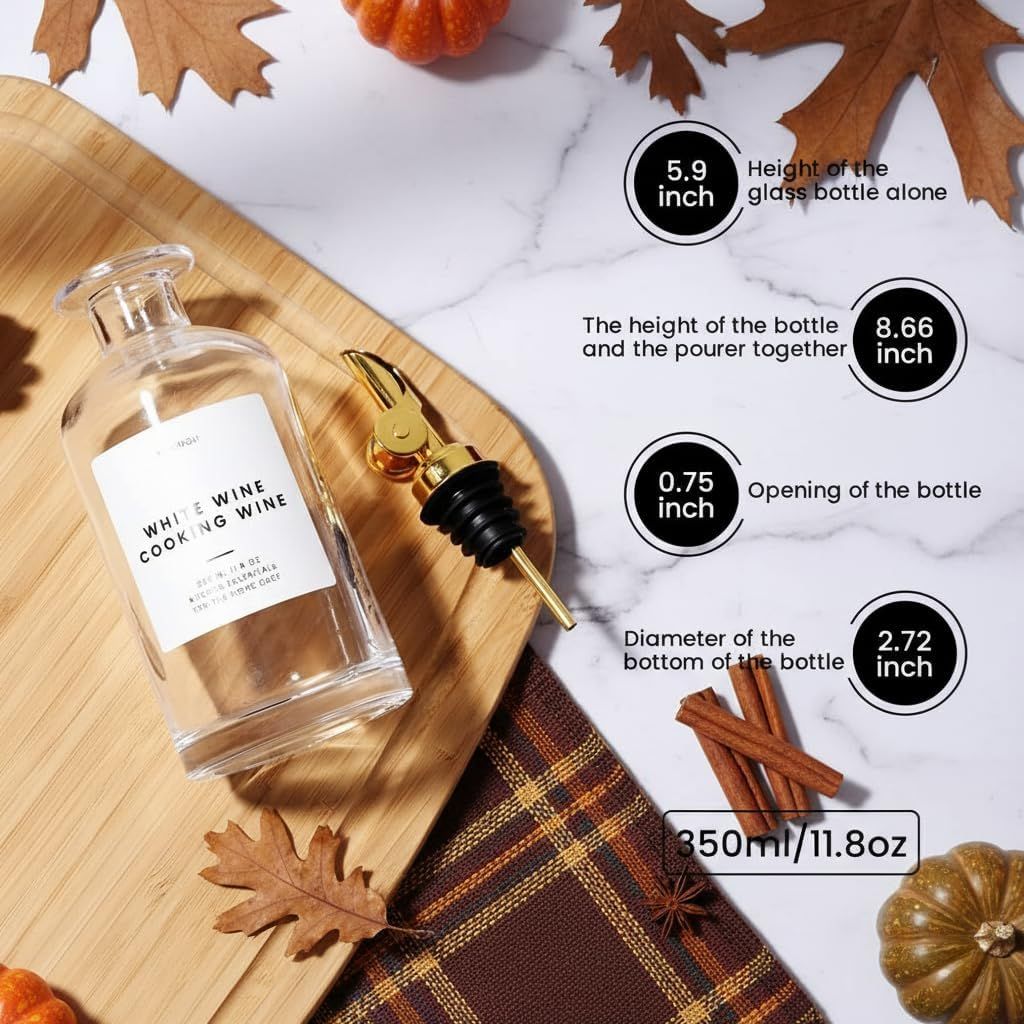 Olive Oil Dispenser Bottle - Includes  Kitchen Essential Labels - Cooking Oil Bottles for Kitchen, Coffee Syrup Dispenser - Pourer Spout with 16.9 fl oz Glass Container Cruet - 2pcs, Gold