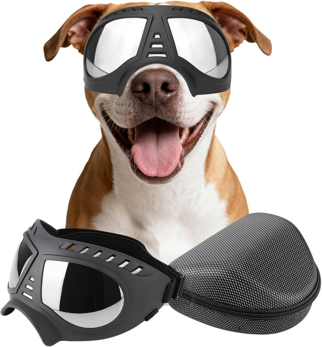 Large Dog Goggles, Windproof Snowproof Anti-UV Dog Sunglasses for Medium to Large Breed Eye Protection, Soft Frame with Adjustable Straps, Black