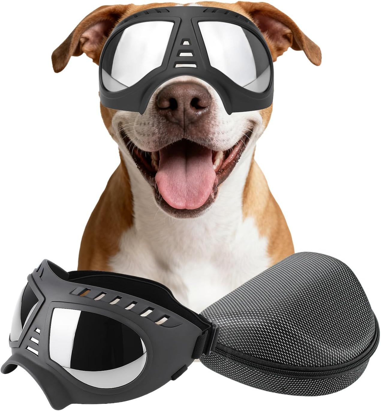 Large Dog Goggles, Windproof Snowproof Anti-UV Dog Sunglasses for Medium to Large Breed Eye Protection, Soft Frame with Adjustable Straps, Black