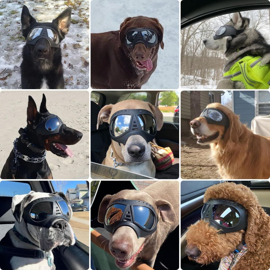 Large Dog Goggles, Windproof Snowproof Anti-UV Dog Sunglasses for Medium to Large Breed Eye Protection, Soft Frame with Adjustable Straps, Black