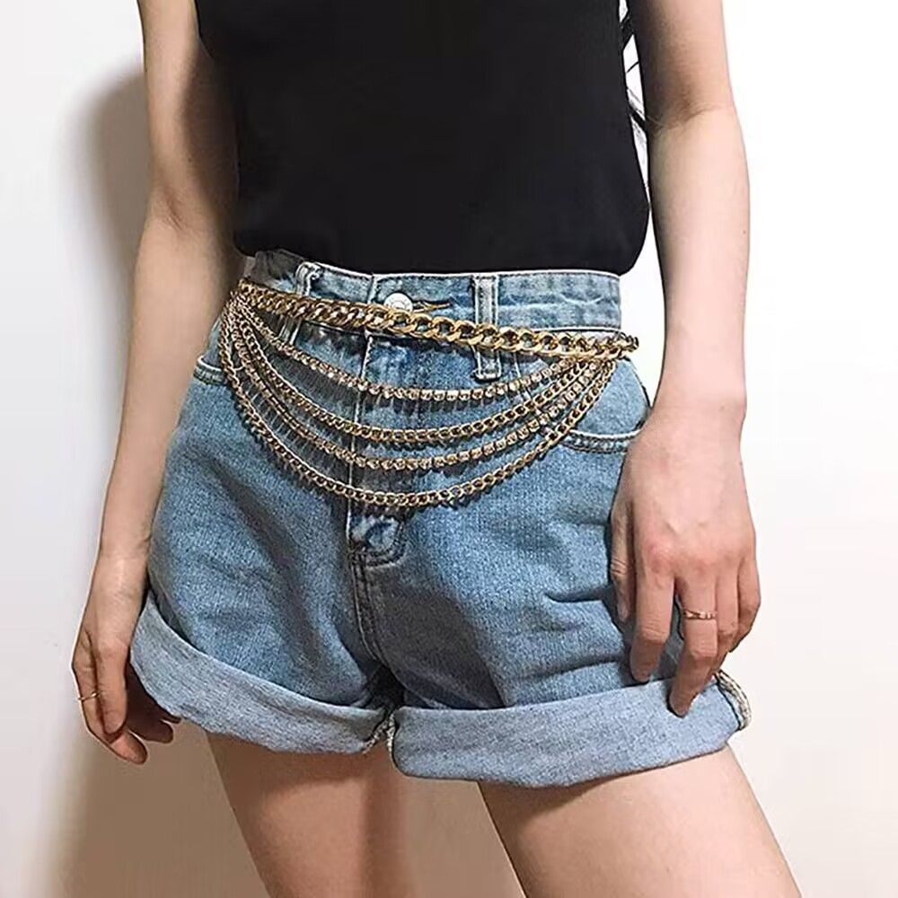 Multilayer Chain Belt Rhinestone Metal Chain Belts for Women Punk Gold Waist Chain 130cm Western Metal Belt for Women Cowgirl Boho Waist Chain Belt for Dresses Jeans Pants