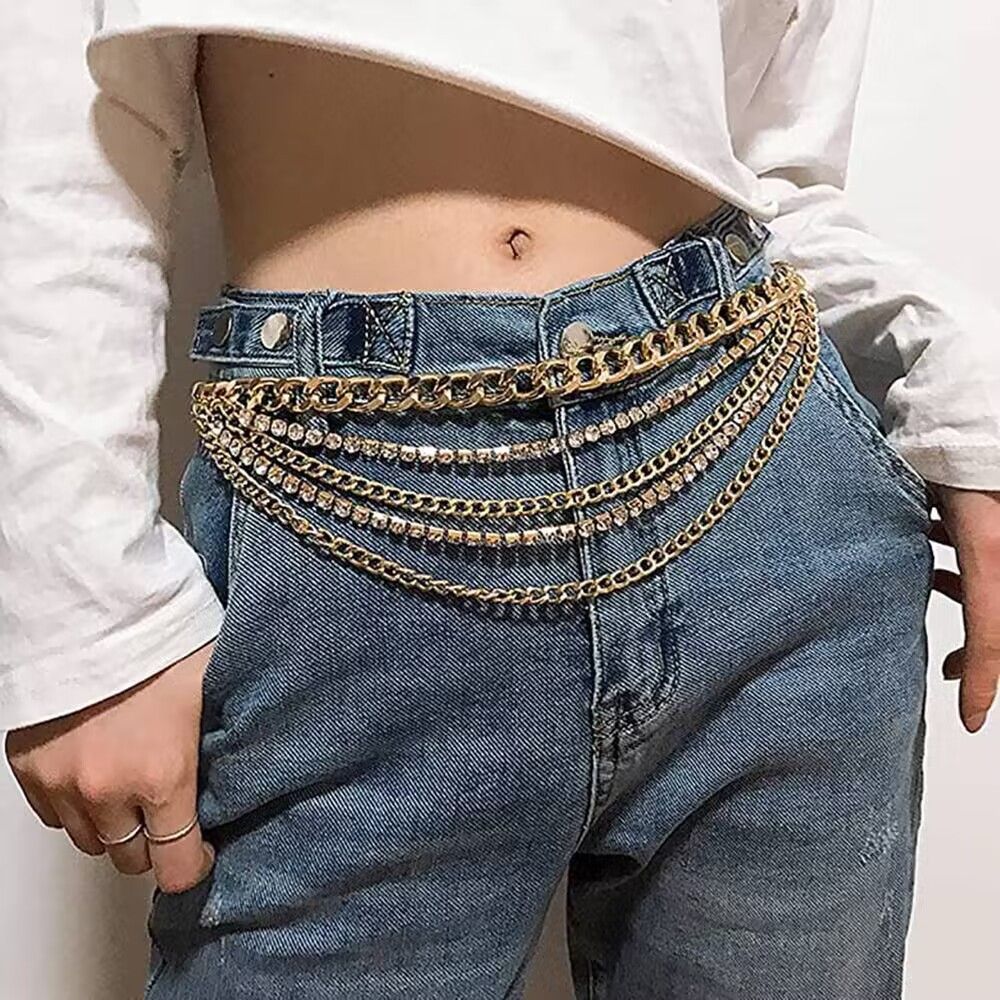 Multilayer Chain Belt Rhinestone Metal Chain Belts for Women Punk Gold Waist Chain 130cm Western Metal Belt for Women Cowgirl Boho Waist Chain Belt for Dresses Jeans Pants