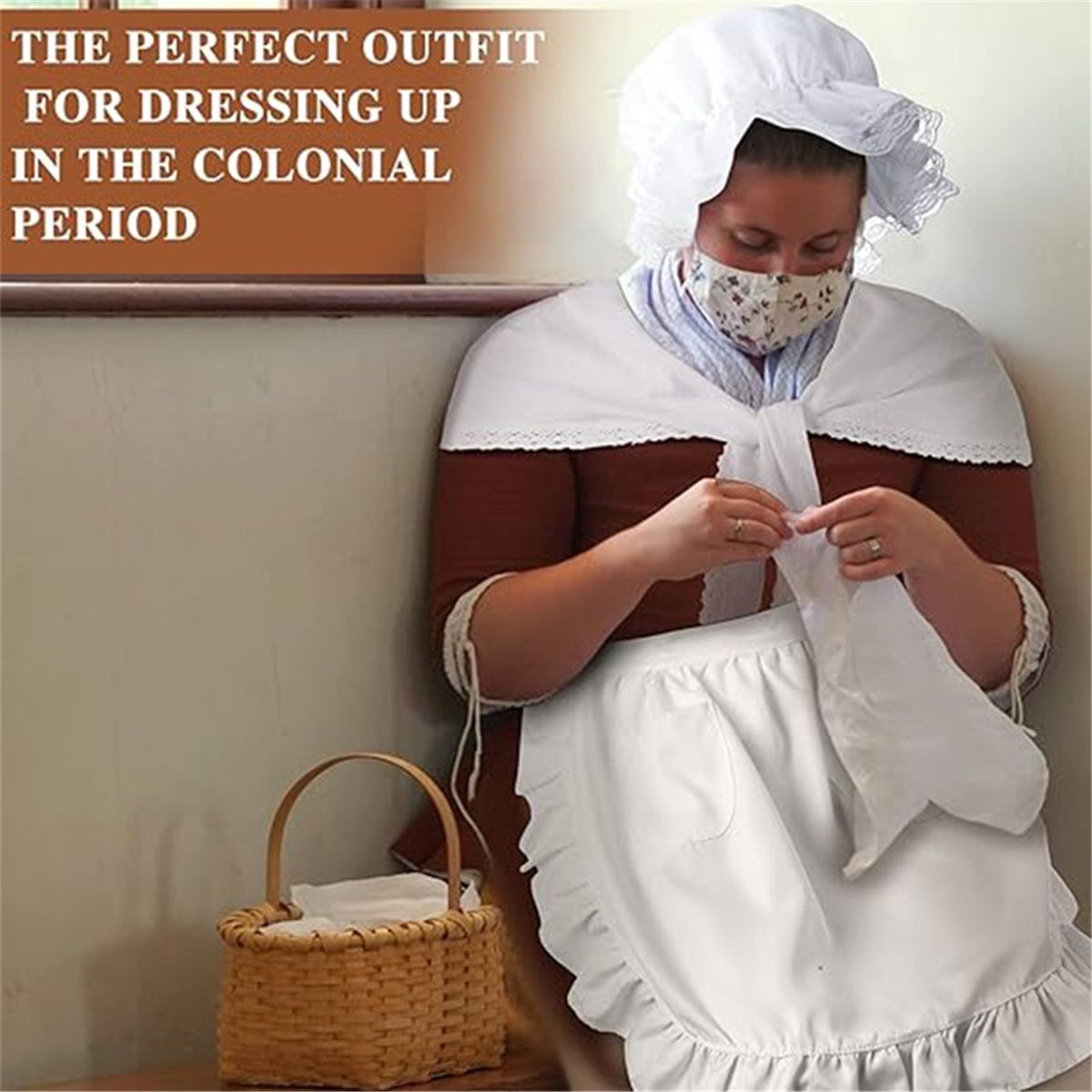 Costume Women Set White Mob Cap Bonnet Shawl Waist Apron Pilgrim Costume Accessories Girl  3pcs