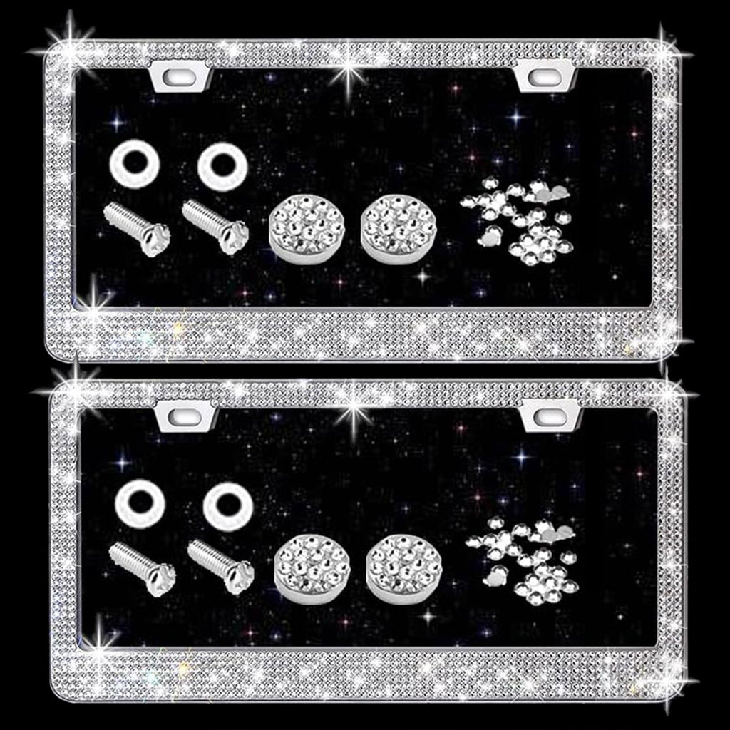 Bling License Plate Frame for Women, 4Pack Rhinestone Handcrafted Crystal Premium Stainless Steel, Stainless Steel Car Accessories with Diamond Sparkle Glitter Caps (White+black)