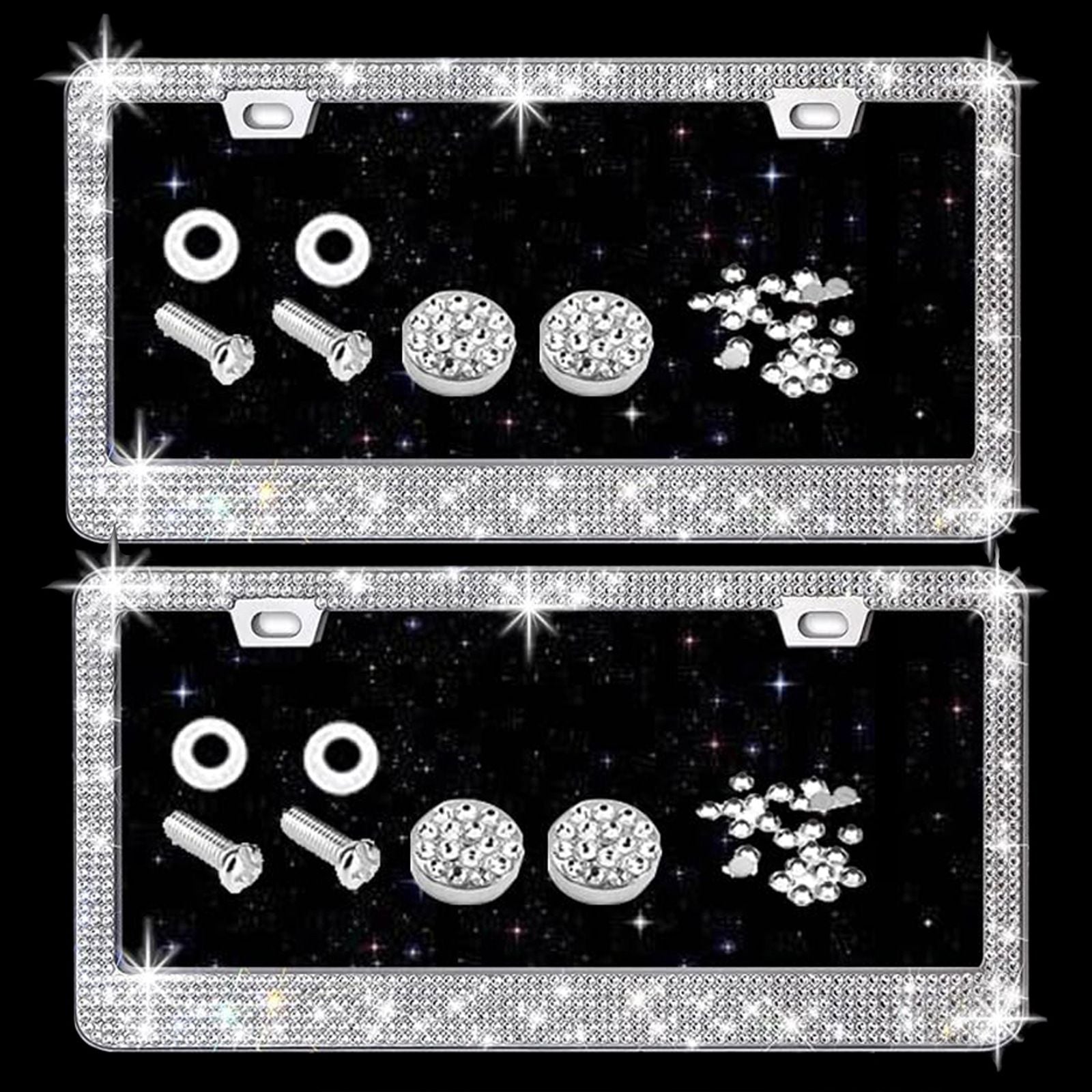 Bling License Plate Frame for Women, 4Pack Rhinestone Handcrafted Crystal Premium Stainless Steel, Stainless Steel Car Accessories with Diamond Sparkle Glitter Caps (White+black)